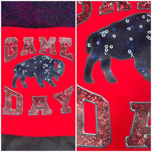 Red “Game Day” Buffalo Tee – Faux Sequin DTF Print